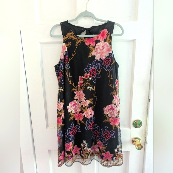 ECI Dresses & Skirts - ECI Pink Floral Embroidered Black A-line Mini Dress